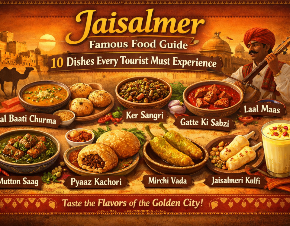 Jaisalmer famous food dishes including dal bati churma and gatte ki sabzi served traditionally